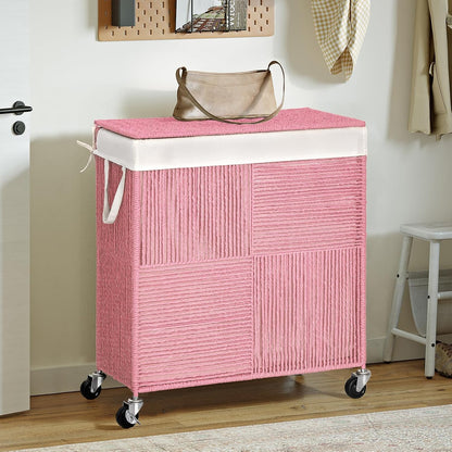 Double Laundry Hamper with Wheels, Handwoven Rolling Laundry Basket