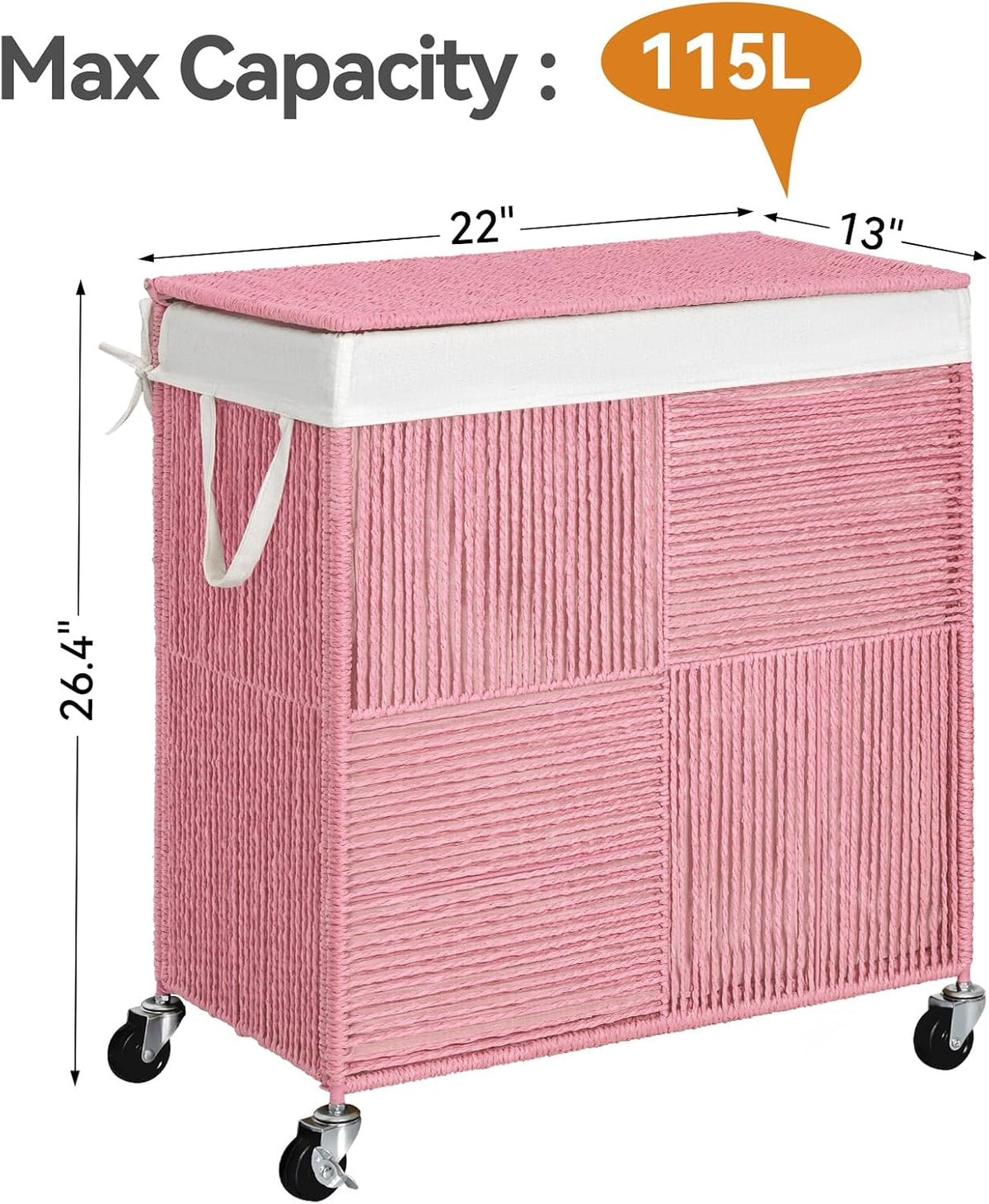 Double Laundry Hamper with Wheels, Handwoven Rolling Laundry Basket