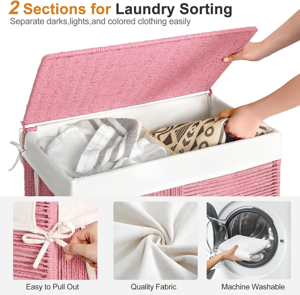 Double Laundry Hamper with Wheels, Handwoven Rolling Laundry Basket