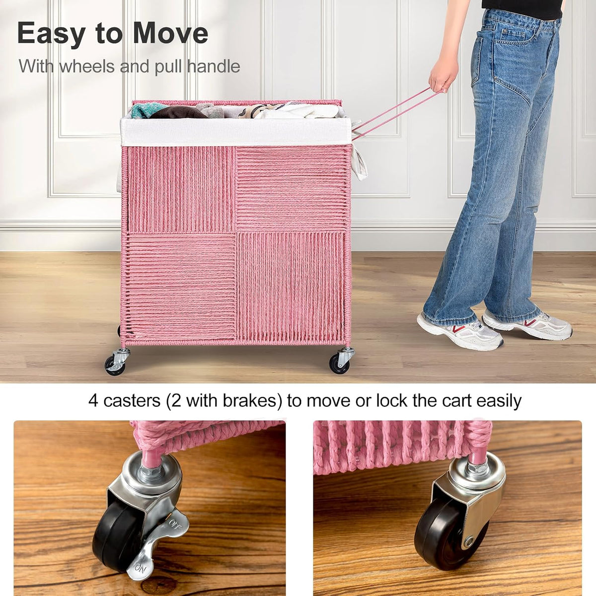 Double Laundry Hamper with Wheels, Handwoven Rolling Laundry Basket
