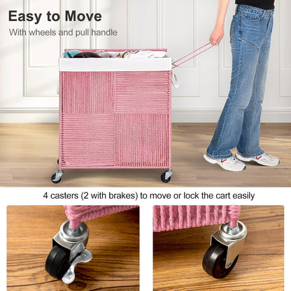 Double Laundry Hamper with Wheels, Handwoven Rolling Laundry Basket
