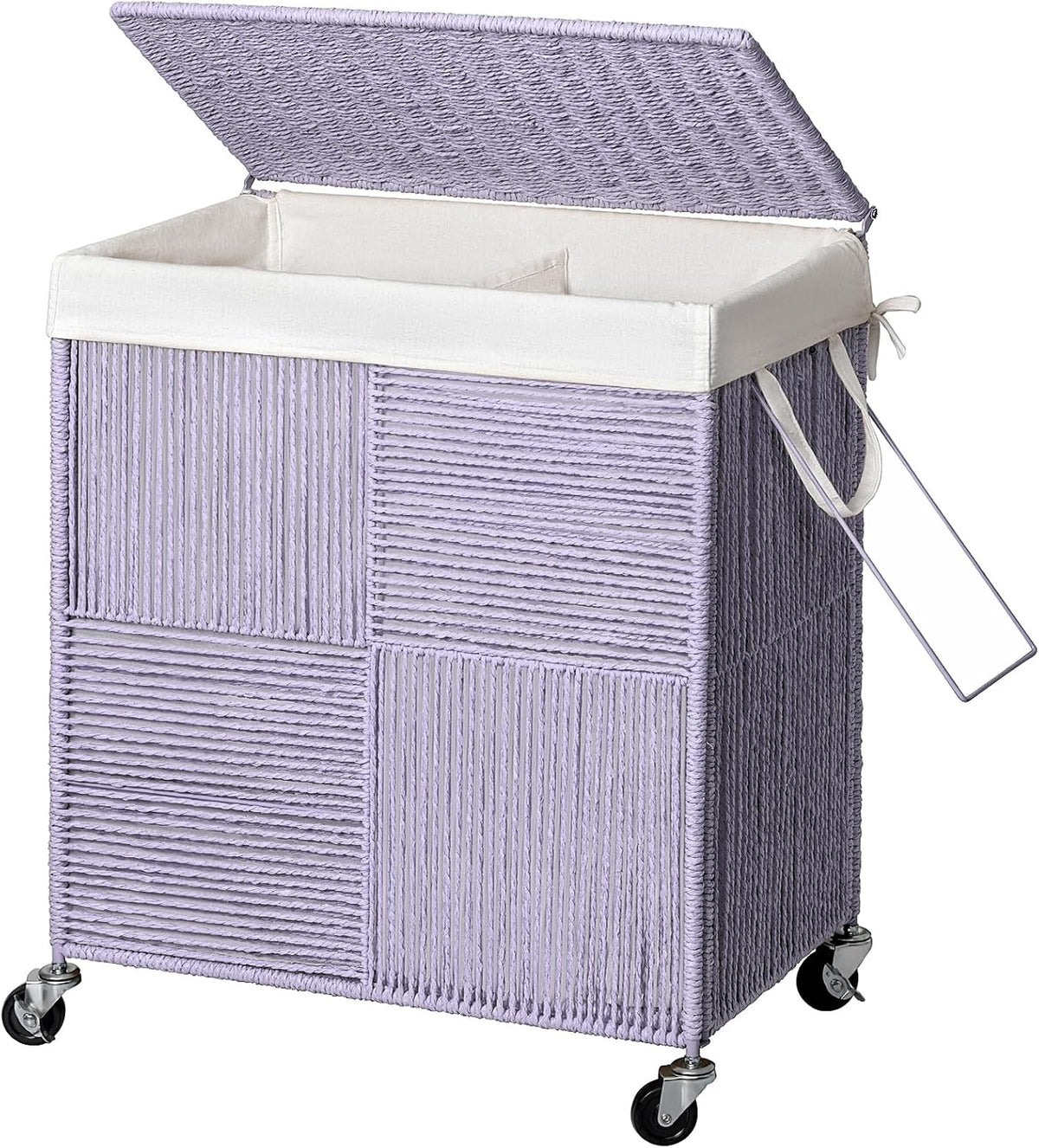 Double Laundry Hamper with Wheels, Handwoven Rolling Laundry Basket