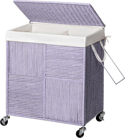 Double Laundry Hamper with Wheels, Handwoven Rolling Laundry Basket