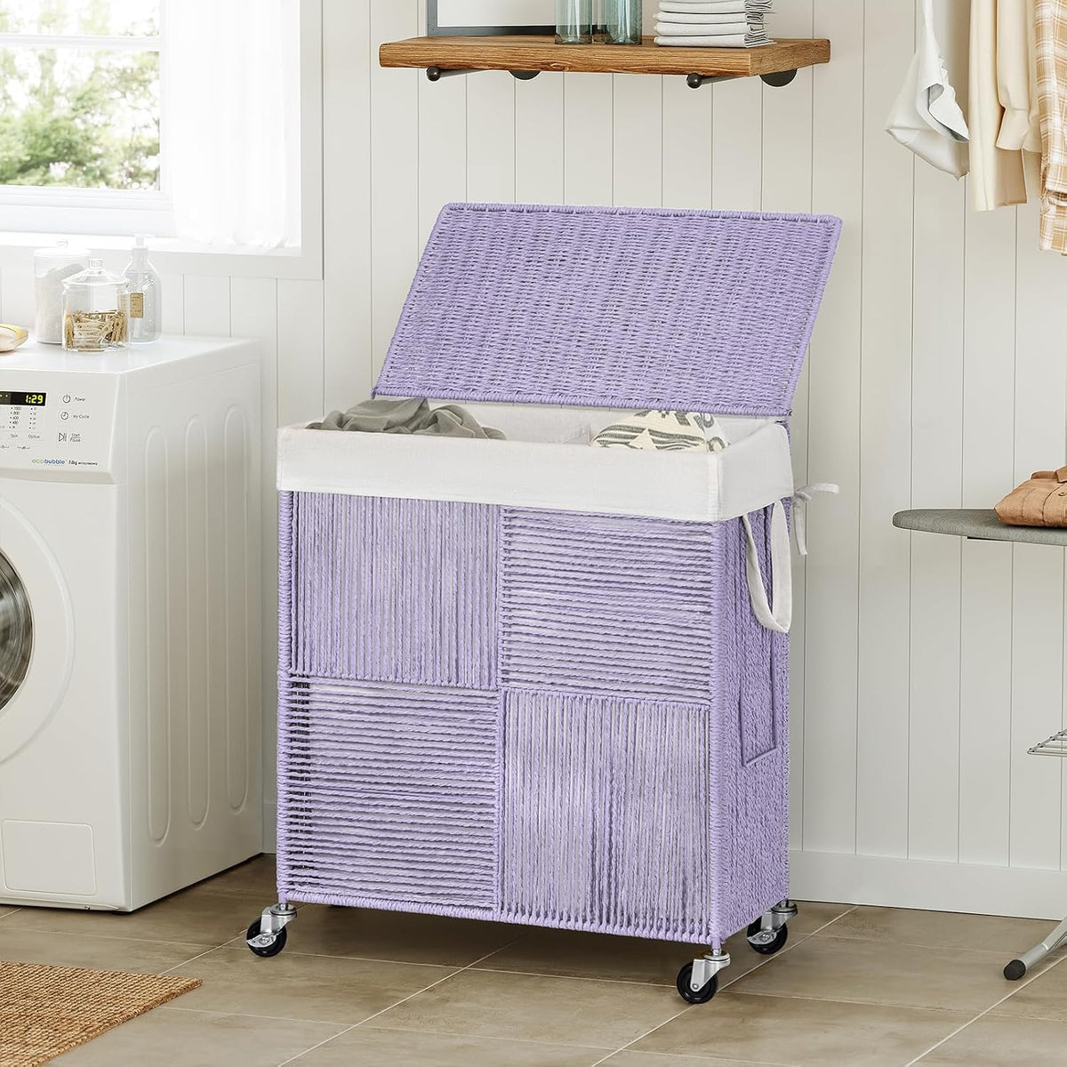 Double Laundry Hamper with Wheels, Handwoven Rolling Laundry Basket