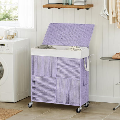 Double Laundry Hamper with Wheels, Handwoven Rolling Laundry Basket