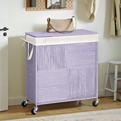 Double Laundry Hamper with Wheels, Handwoven Rolling Laundry Basket