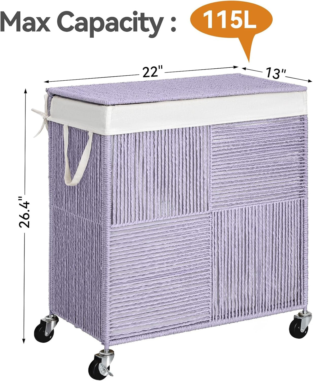 Double Laundry Hamper with Wheels, Handwoven Rolling Laundry Basket