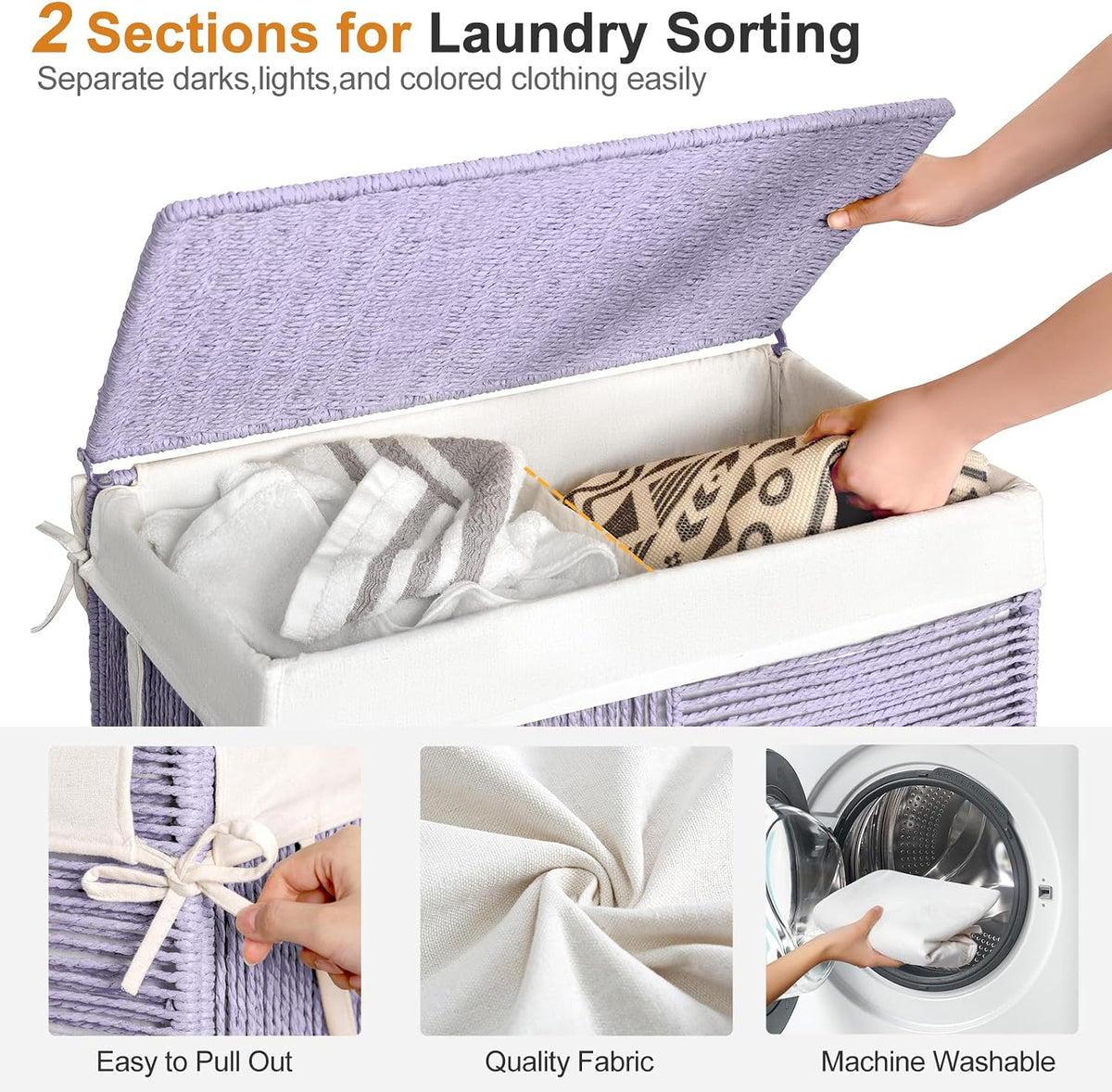 Double Laundry Hamper with Wheels, Handwoven Rolling Laundry Basket