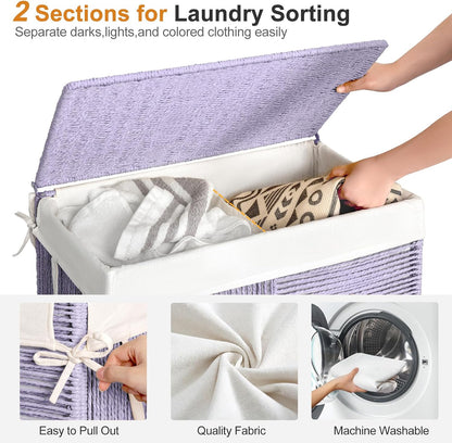 Double Laundry Hamper with Wheels, Handwoven Rolling Laundry Basket