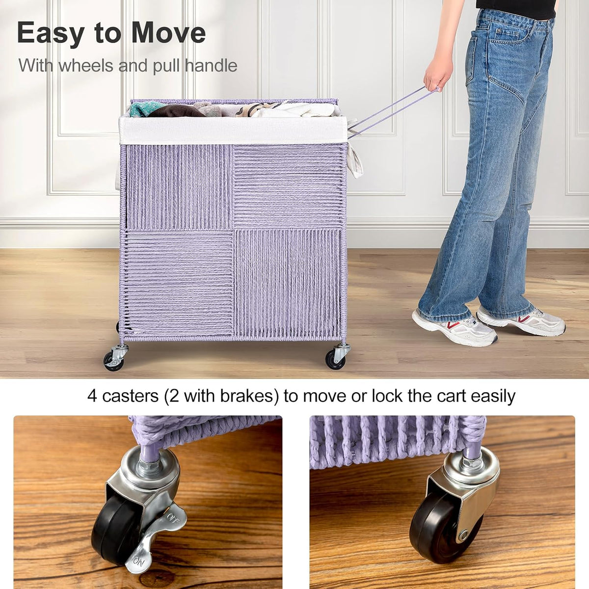 Double Laundry Hamper with Wheels, Handwoven Rolling Laundry Basket
