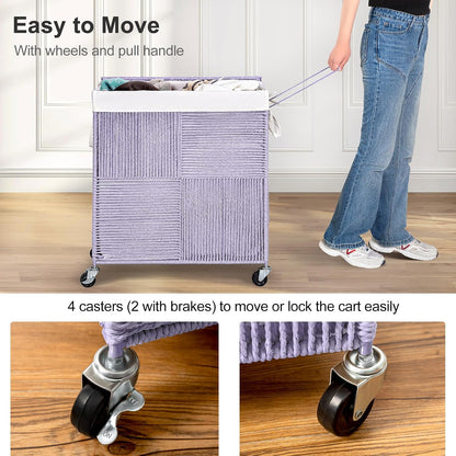 Double Laundry Hamper with Wheels, Handwoven Rolling Laundry Basket