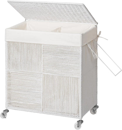 Double Laundry Hamper with Wheels, Handwoven Rolling Laundry Basket