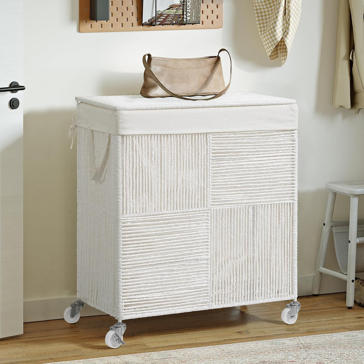 Double Laundry Hamper with Wheels, Handwoven Rolling Laundry Basket
