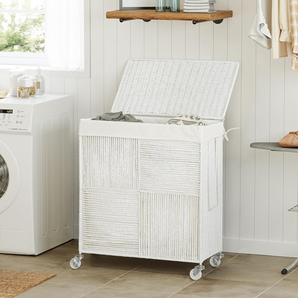 Double Laundry Hamper with Wheels, Handwoven Rolling Laundry Basket