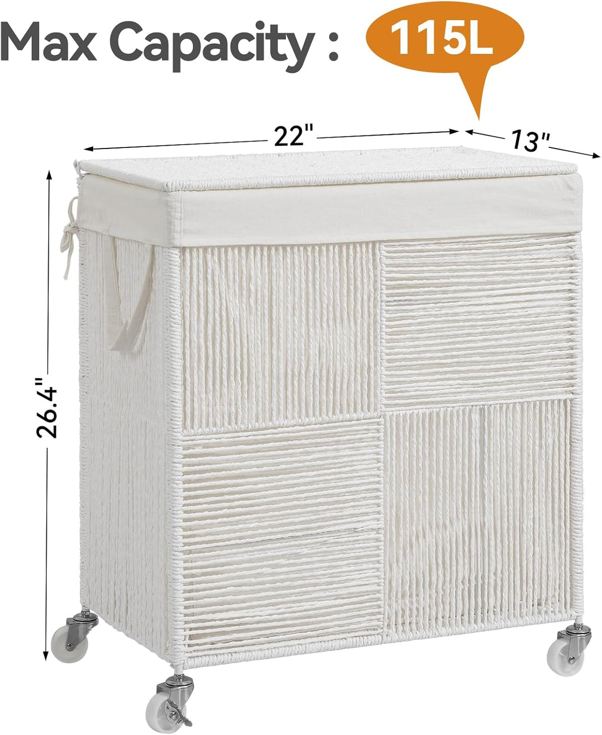 Double Laundry Hamper with Wheels, Handwoven Rolling Laundry Basket