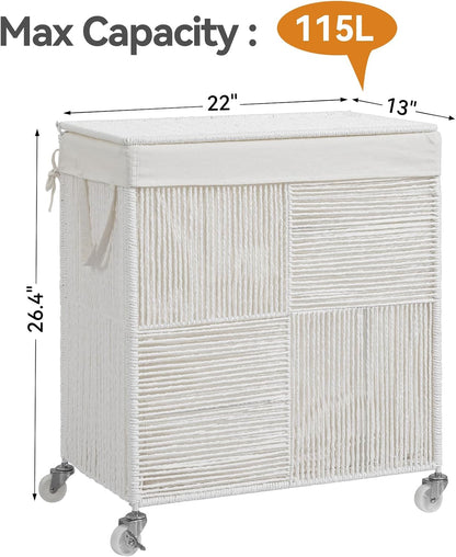 Double Laundry Hamper with Wheels, Handwoven Rolling Laundry Basket