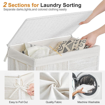 Double Laundry Hamper with Wheels, Handwoven Rolling Laundry Basket