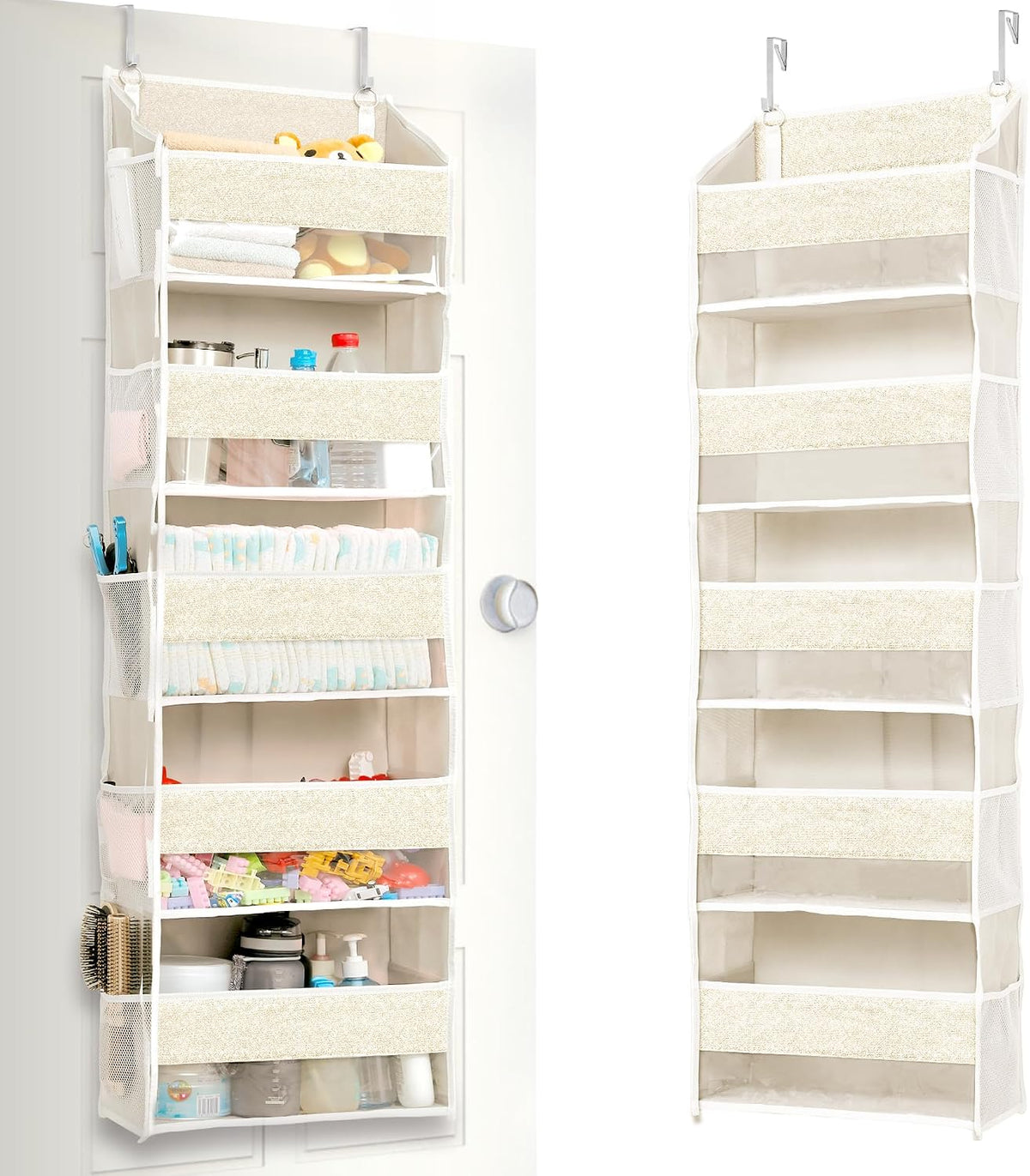 Over Door Organizer with 5 Large Pockets 10 Mesh Side Pockets, Upgraded Linen Texture Over The Door Storage, 44 lbs Weight Capacity Hanging Storage Organizer, Light Gray