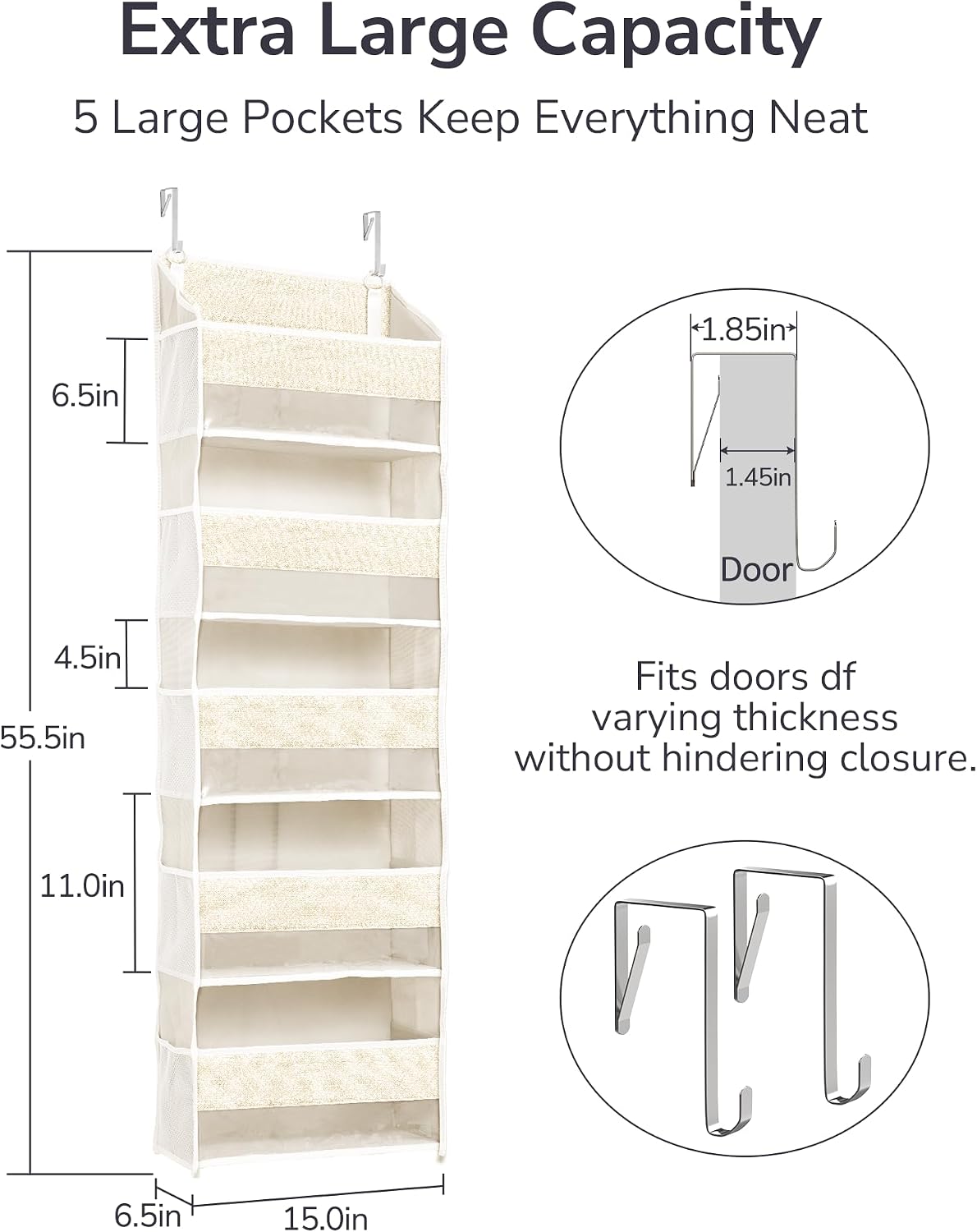 Over Door Organizer with 5 Large Pockets 10 Mesh Side Pockets, Upgraded Linen Texture Over The Door Storage, 44 lbs Weight Capacity Hanging Storage Organizer, Light Gray
