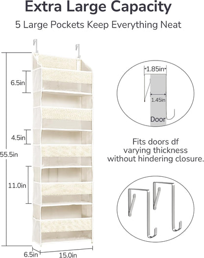 Over Door Organizer with 5 Large Pockets 10 Mesh Side Pockets, Upgraded Linen Texture Over The Door Storage, 44 lbs Weight Capacity Hanging Storage Organizer, Light Gray