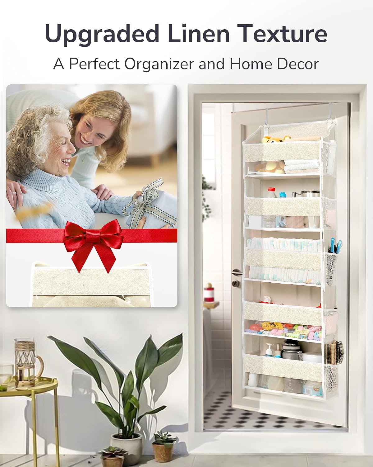 Over Door Organizer with 5 Large Pockets 10 Mesh Side Pockets, Upgraded Linen Texture Over The Door Storage, 44 lbs Weight Capacity Hanging Storage Organizer, Light Gray