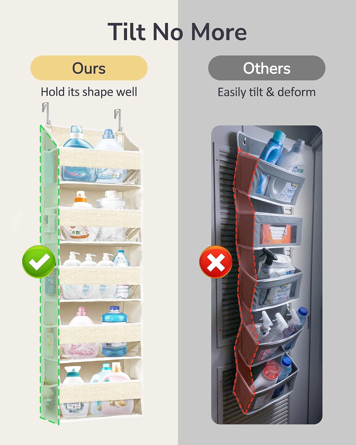 Over Door Organizer with 5 Large Pockets 10 Mesh Side Pockets, Upgraded Linen Texture Over The Door Storage, 44 lbs Weight Capacity Hanging Storage Organizer, Light Gray