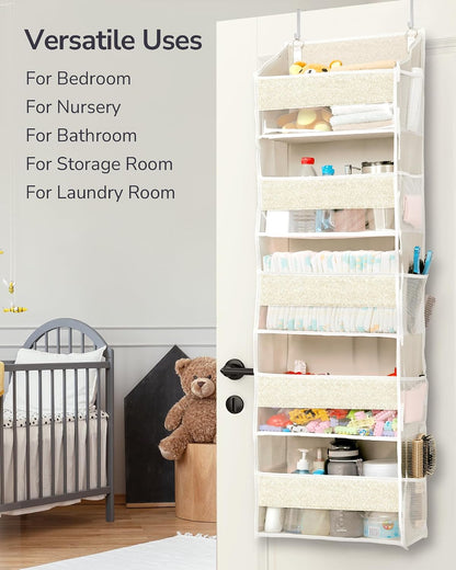 Over Door Organizer with 5 Large Pockets 10 Mesh Side Pockets, Upgraded Linen Texture Over The Door Storage, 44 lbs Weight Capacity Hanging Storage Organizer, Light Gray