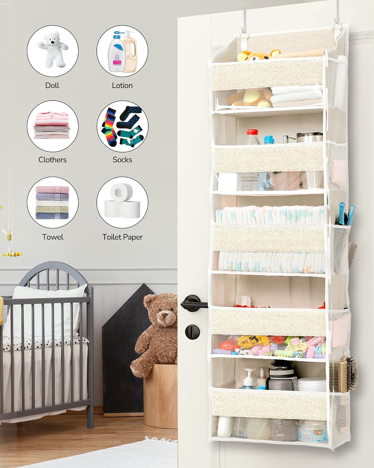 Over Door Organizer with 5 Large Pockets 10 Mesh Side Pockets, Upgraded Linen Texture Over The Door Storage, 44 lbs Weight Capacity Hanging Storage Organizer, Light Gray