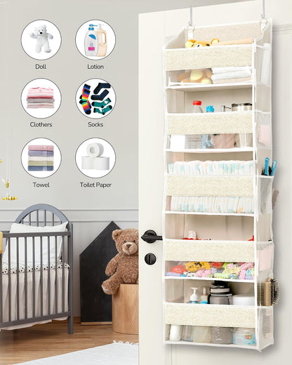 Over Door Organizer with 5 Large Pockets 10 Mesh Side Pockets, Upgraded Linen Texture Over The Door Storage, 44 lbs Weight Capacity Hanging Storage Organizer, Light Gray