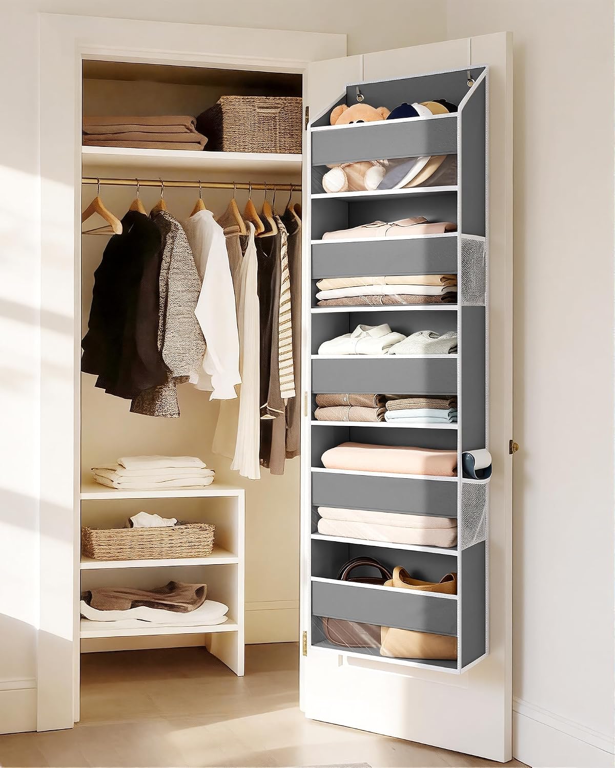 Over Door Organizer with 5 Large Pockets 10 Mesh Side Pockets, Upgraded Linen Texture Over The Door Storage, 44 lbs Weight Capacity Hanging Storage Organizer, Light Gray
