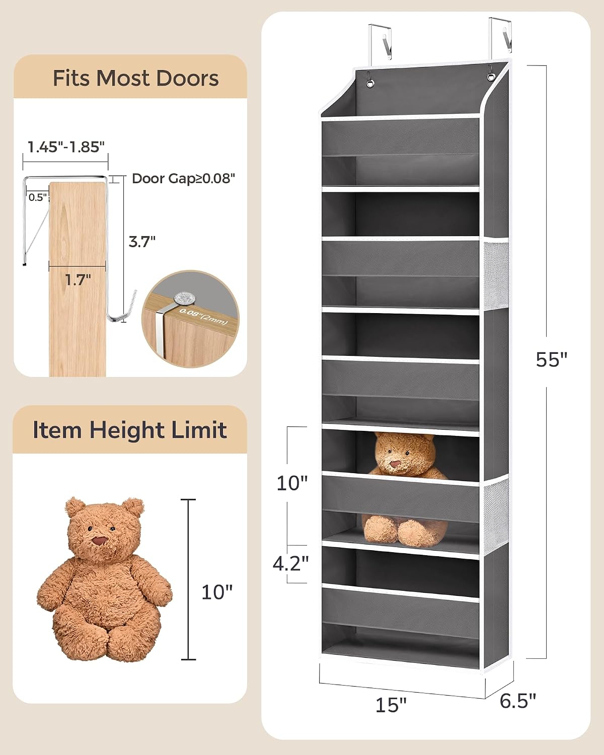 Over Door Organizer with 5 Large Pockets 10 Mesh Side Pockets, Upgraded Linen Texture Over The Door Storage, 44 lbs Weight Capacity Hanging Storage Organizer, Light Gray