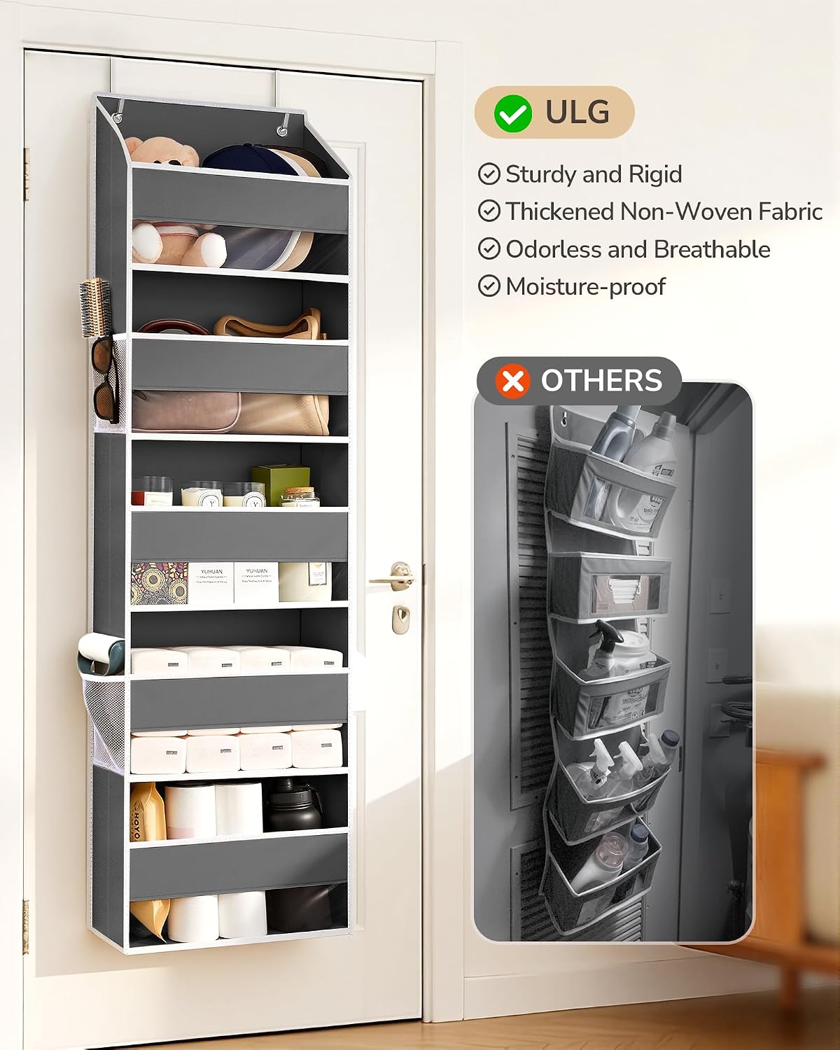 Over Door Organizer with 5 Large Pockets 10 Mesh Side Pockets, Upgraded Linen Texture Over The Door Storage, 44 lbs Weight Capacity Hanging Storage Organizer, Light Gray