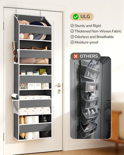 Over Door Organizer with 5 Large Pockets 10 Mesh Side Pockets, Upgraded Linen Texture Over The Door Storage, 44 lbs Weight Capacity Hanging Storage Organizer, Light Gray