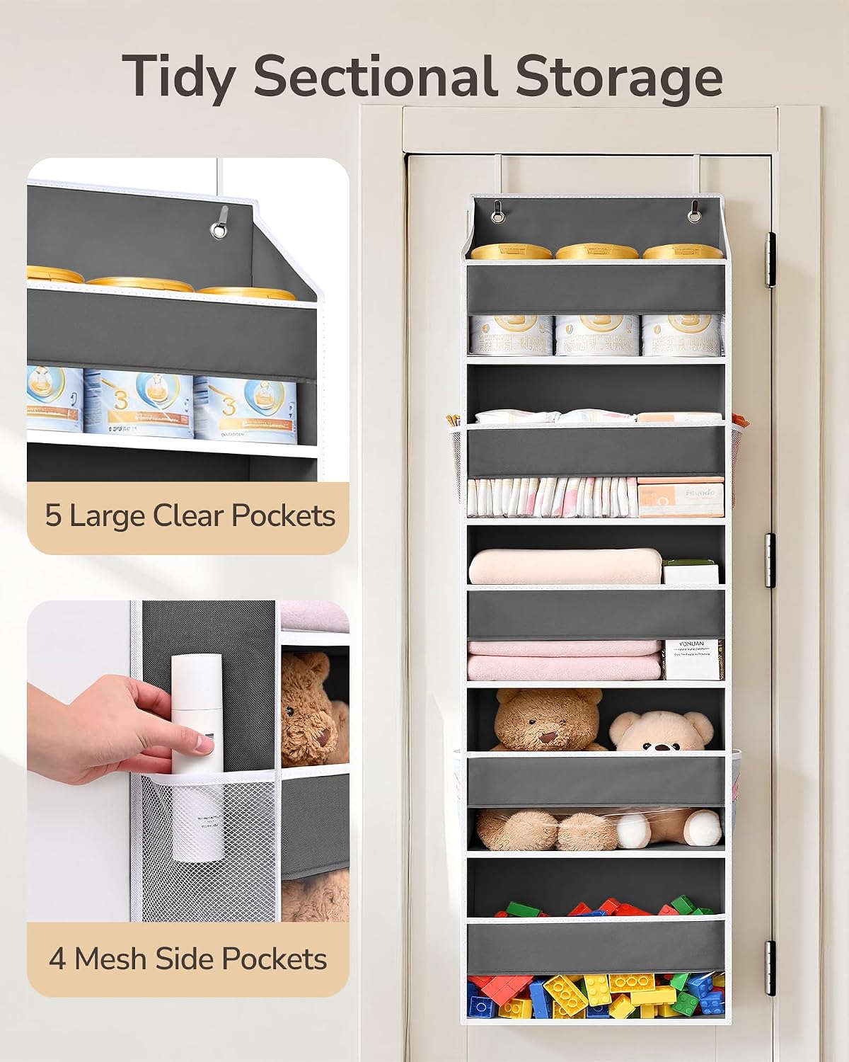 Over Door Organizer with 5 Large Pockets 10 Mesh Side Pockets, Upgraded Linen Texture Over The Door Storage, 44 lbs Weight Capacity Hanging Storage Organizer, Light Gray