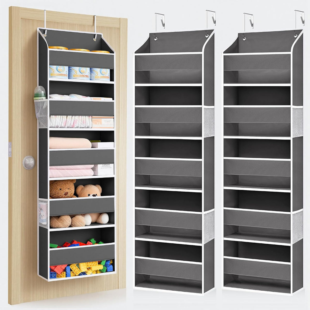 Over Door Organizer with 5 Large Pockets 10 Mesh Side Pockets, Upgraded Linen Texture Over The Door Storage, 44 lbs Weight Capacity Hanging Storage Organizer, Light Gray