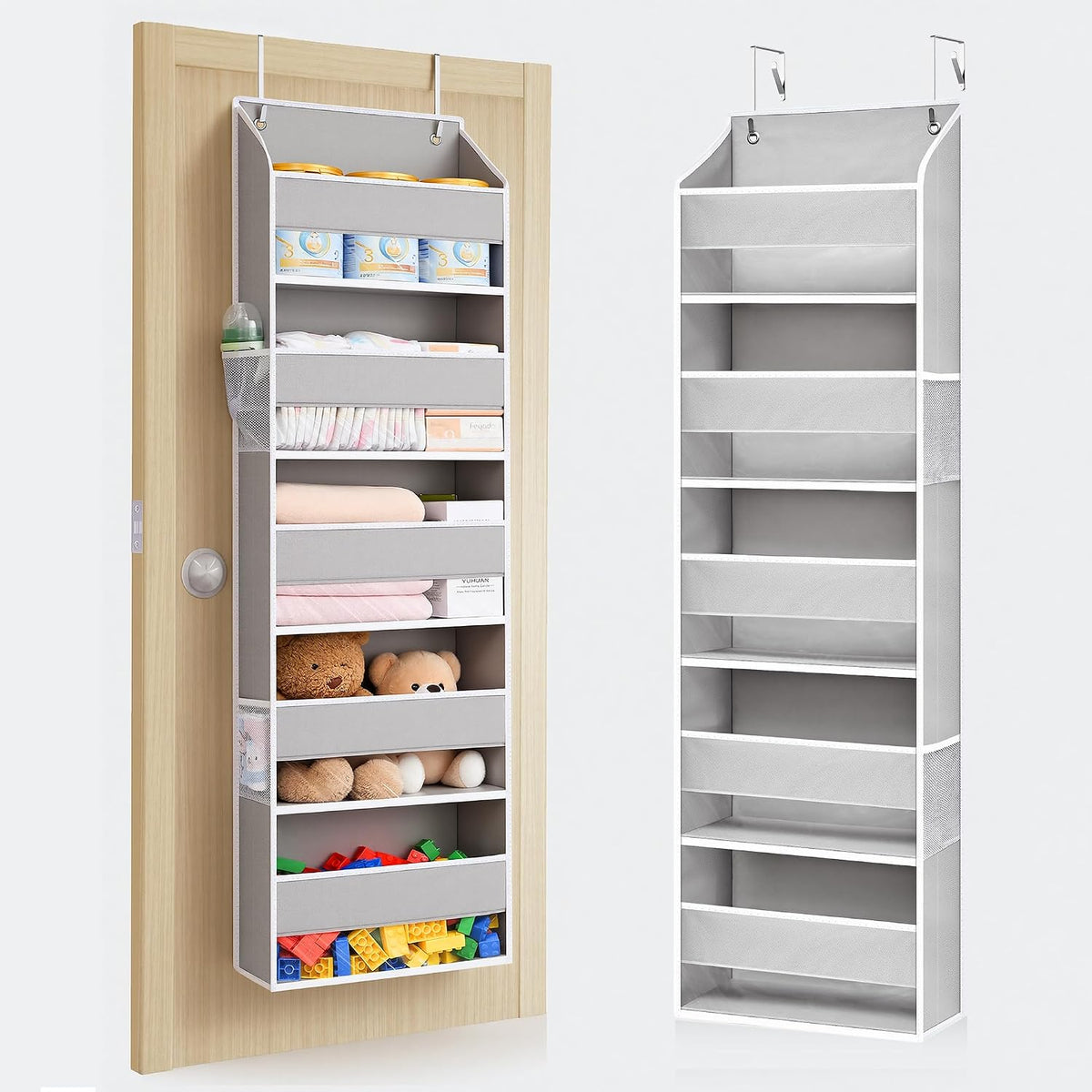 Over Door Organizer with 5 Large Pockets 10 Mesh Side Pockets, Upgraded Linen Texture Over The Door Storage, 44 lbs Weight Capacity Hanging Storage Organizer, Light Gray