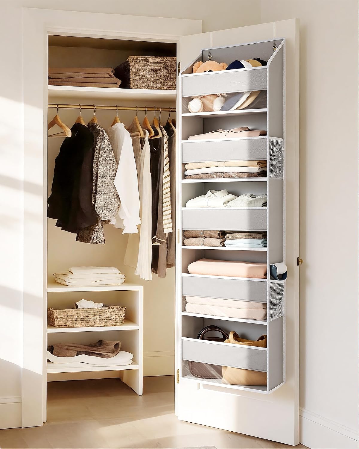 Over Door Organizer with 5 Large Pockets 10 Mesh Side Pockets, Upgraded Linen Texture Over The Door Storage, 44 lbs Weight Capacity Hanging Storage Organizer, Light Gray