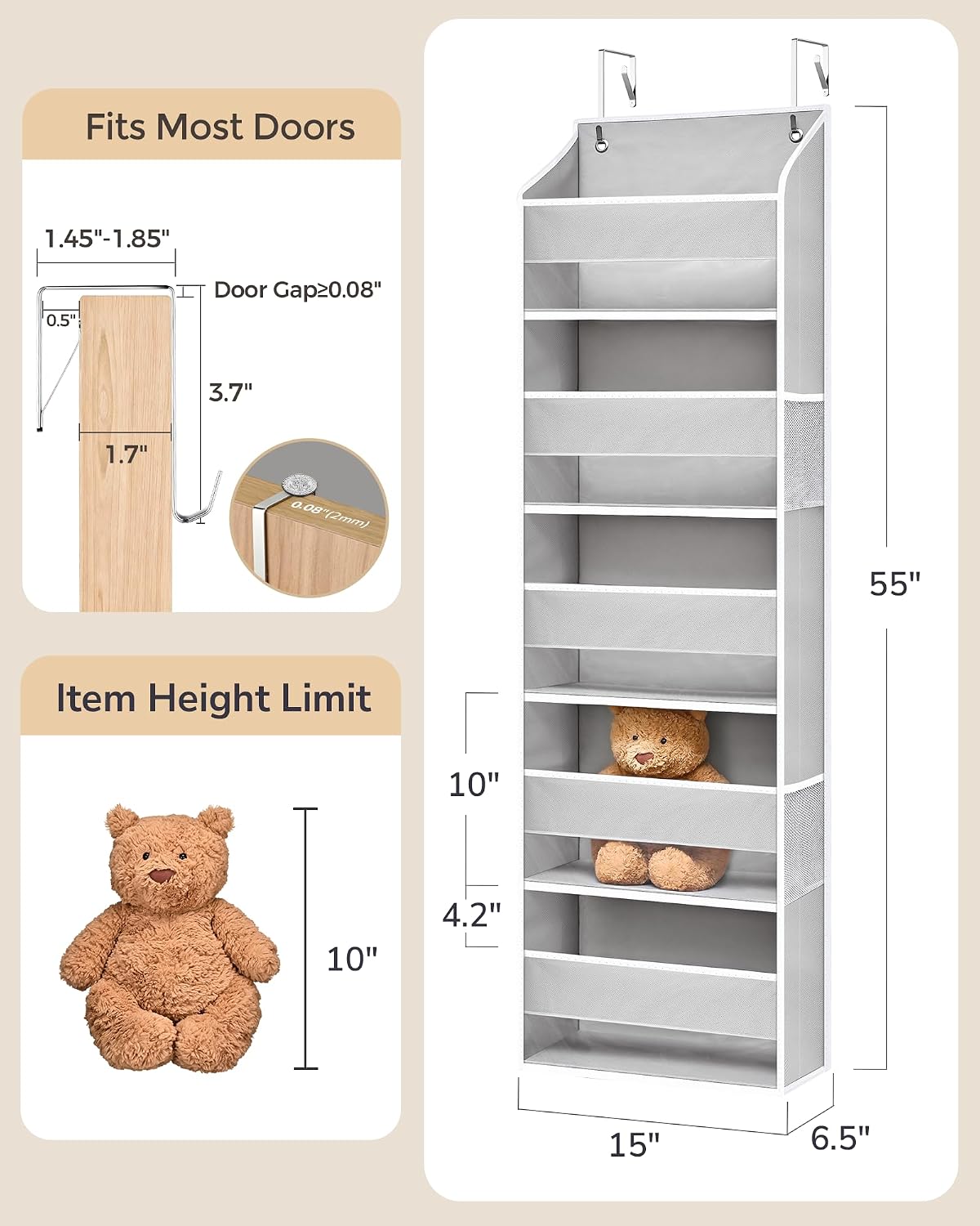 Over Door Organizer with 5 Large Pockets 10 Mesh Side Pockets, Upgraded Linen Texture Over The Door Storage, 44 lbs Weight Capacity Hanging Storage Organizer, Light Gray