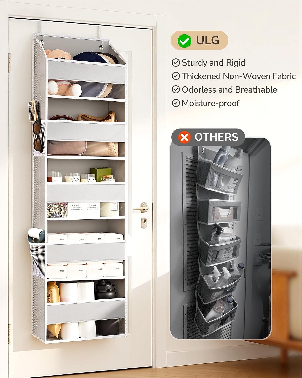 Over Door Organizer with 5 Large Pockets 10 Mesh Side Pockets, Upgraded Linen Texture Over The Door Storage, 44 lbs Weight Capacity Hanging Storage Organizer, Light Gray