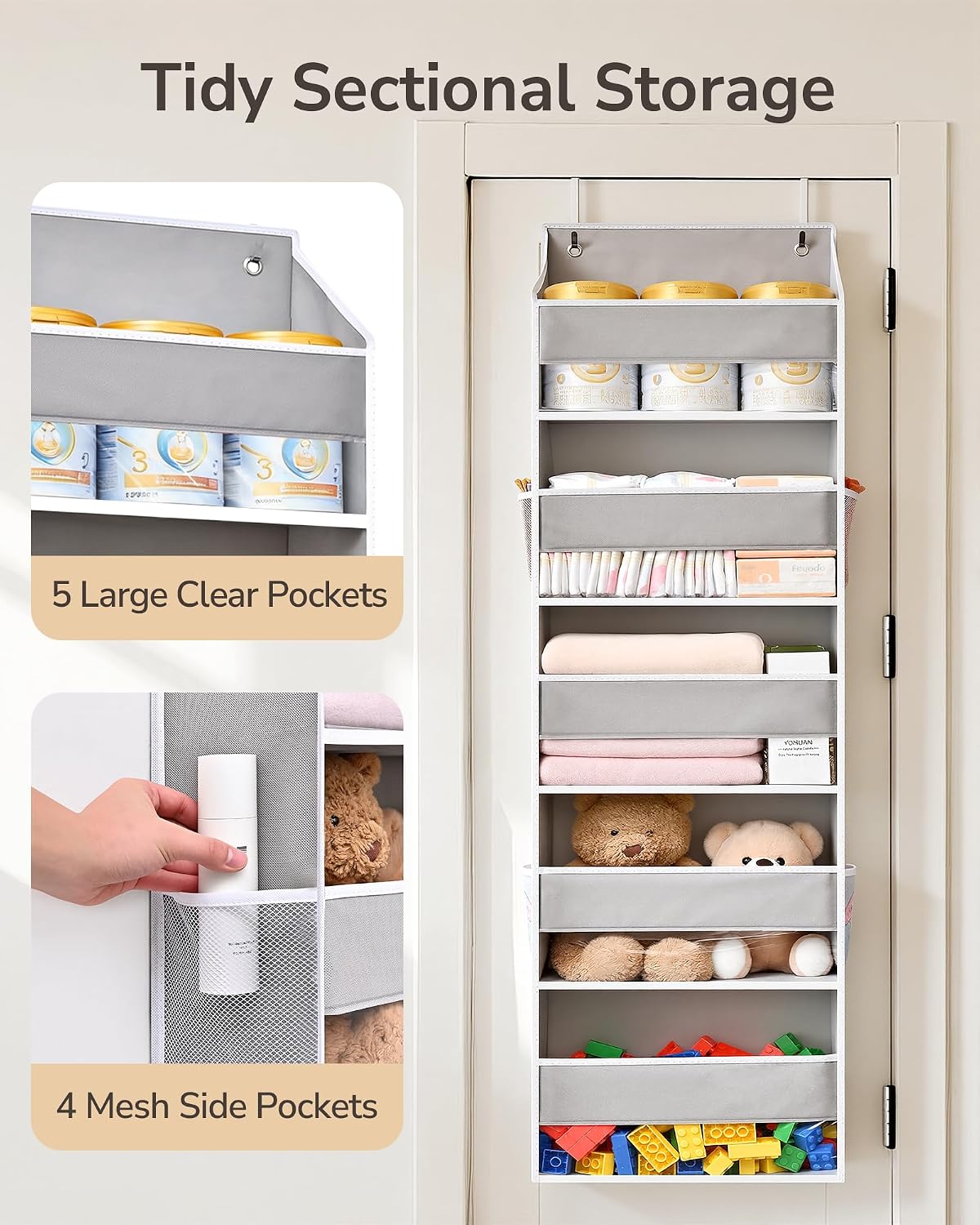 Over Door Organizer with 5 Large Pockets 10 Mesh Side Pockets, Upgraded Linen Texture Over The Door Storage, 44 lbs Weight Capacity Hanging Storage Organizer, Light Gray