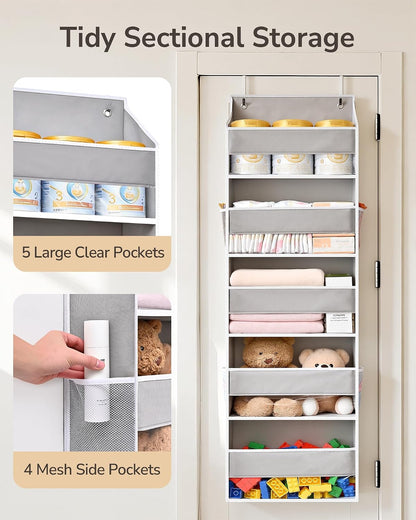 Over Door Organizer with 5 Large Pockets 10 Mesh Side Pockets, Upgraded Linen Texture Over The Door Storage, 44 lbs Weight Capacity Hanging Storage Organizer, Light Gray