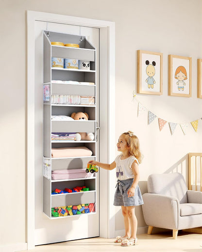 Over Door Organizer with 5 Large Pockets 10 Mesh Side Pockets, Upgraded Linen Texture Over The Door Storage, 44 lbs Weight Capacity Hanging Storage Organizer, Light Gray