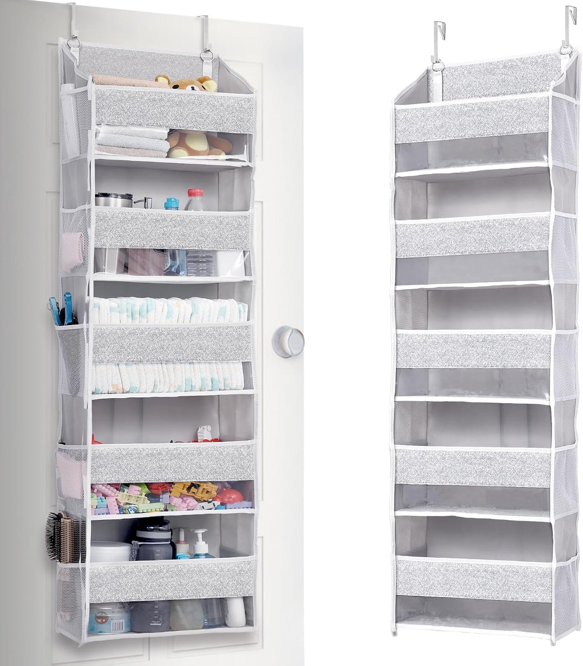 Over Door Organizer with 5 Large Pockets 10 Mesh Side Pockets, Upgraded Linen Texture Over The Door Storage, 44 lbs Weight Capacity Hanging Storage Organizer, Light Gray