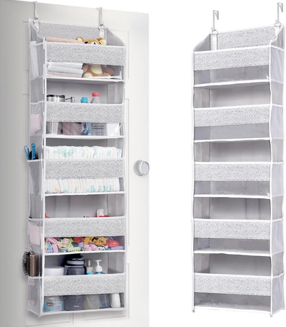 Over Door Organizer with 5 Large Pockets 10 Mesh Side Pockets, Upgraded Linen Texture Over The Door Storage, 44 lbs Weight Capacity Hanging Storage Organizer, Light Gray