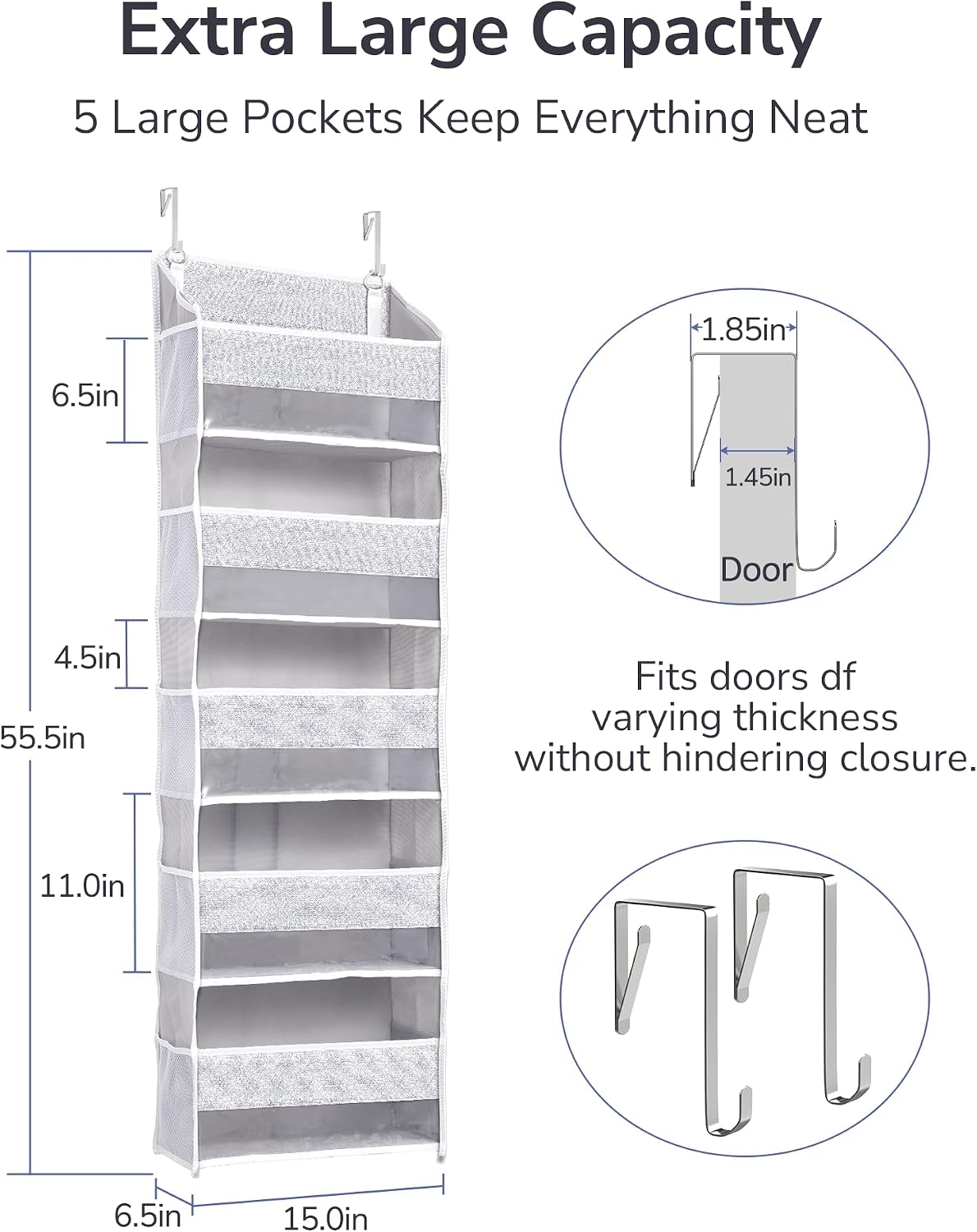 Over Door Organizer with 5 Large Pockets 10 Mesh Side Pockets, Upgraded Linen Texture Over The Door Storage, 44 lbs Weight Capacity Hanging Storage Organizer, Light Gray