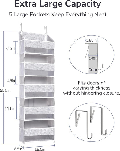 Over Door Organizer with 5 Large Pockets 10 Mesh Side Pockets, Upgraded Linen Texture Over The Door Storage, 44 lbs Weight Capacity Hanging Storage Organizer, Light Gray