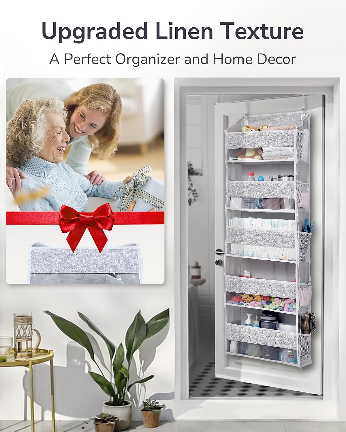 Over Door Organizer with 5 Large Pockets 10 Mesh Side Pockets, Upgraded Linen Texture Over The Door Storage, 44 lbs Weight Capacity Hanging Storage Organizer, Light Gray