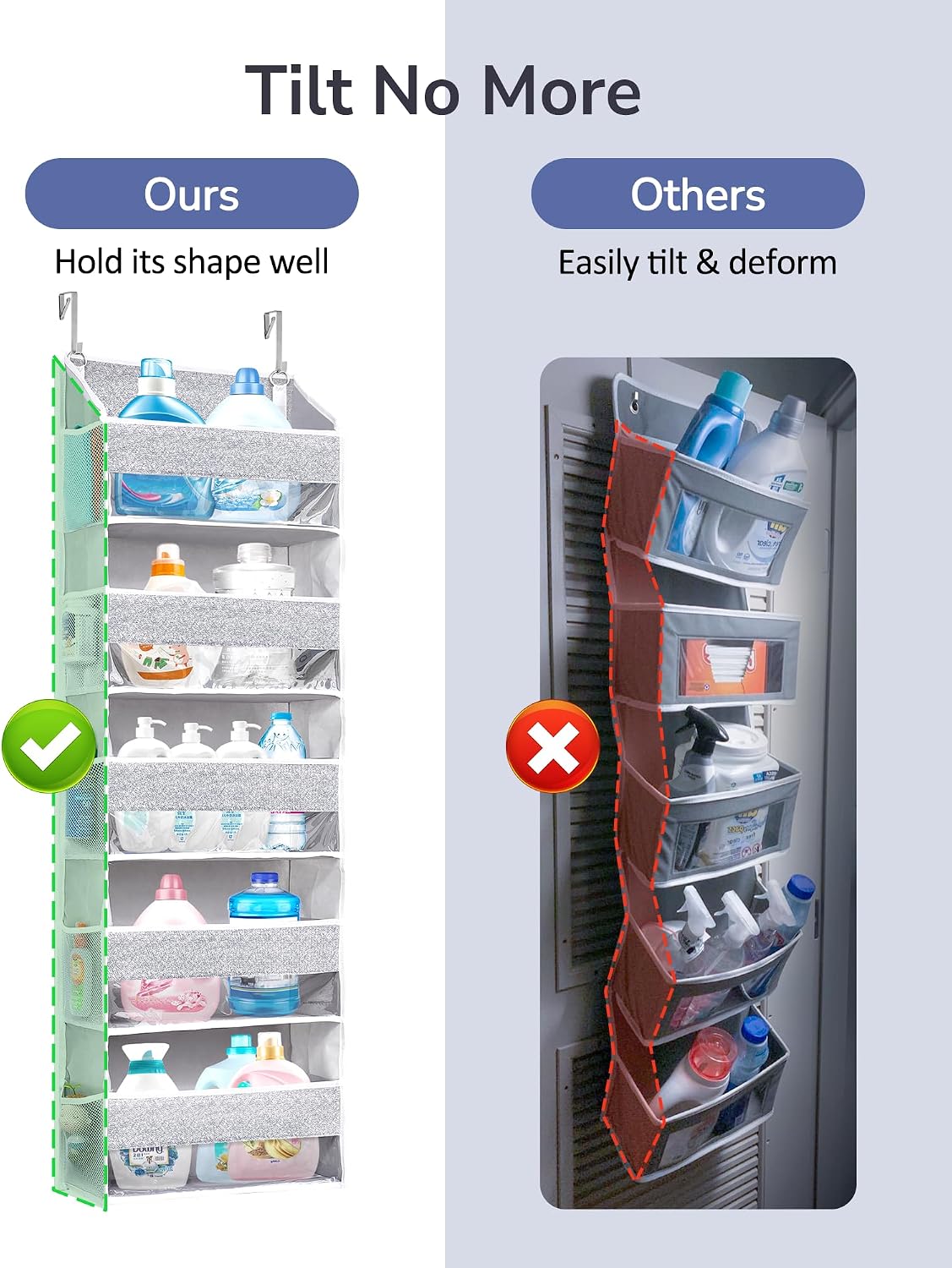 Over Door Organizer with 5 Large Pockets 10 Mesh Side Pockets, Upgraded Linen Texture Over The Door Storage, 44 lbs Weight Capacity Hanging Storage Organizer, Light Gray