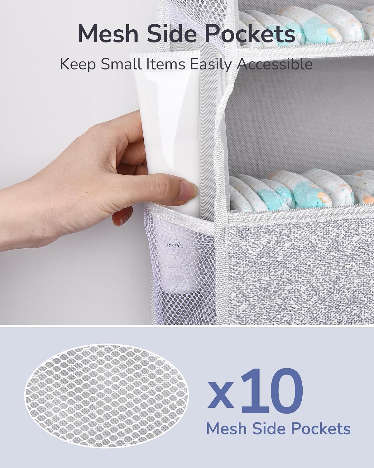 Over Door Organizer with 5 Large Pockets 10 Mesh Side Pockets, Upgraded Linen Texture Over The Door Storage, 44 lbs Weight Capacity Hanging Storage Organizer, Light Gray
