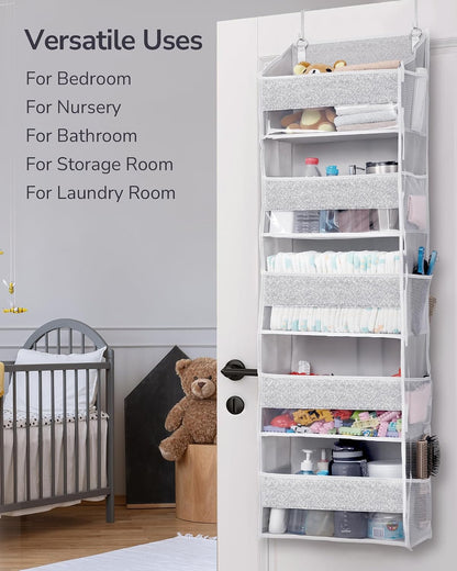 Over Door Organizer with 5 Large Pockets 10 Mesh Side Pockets, Upgraded Linen Texture Over The Door Storage, 44 lbs Weight Capacity Hanging Storage Organizer, Light Gray